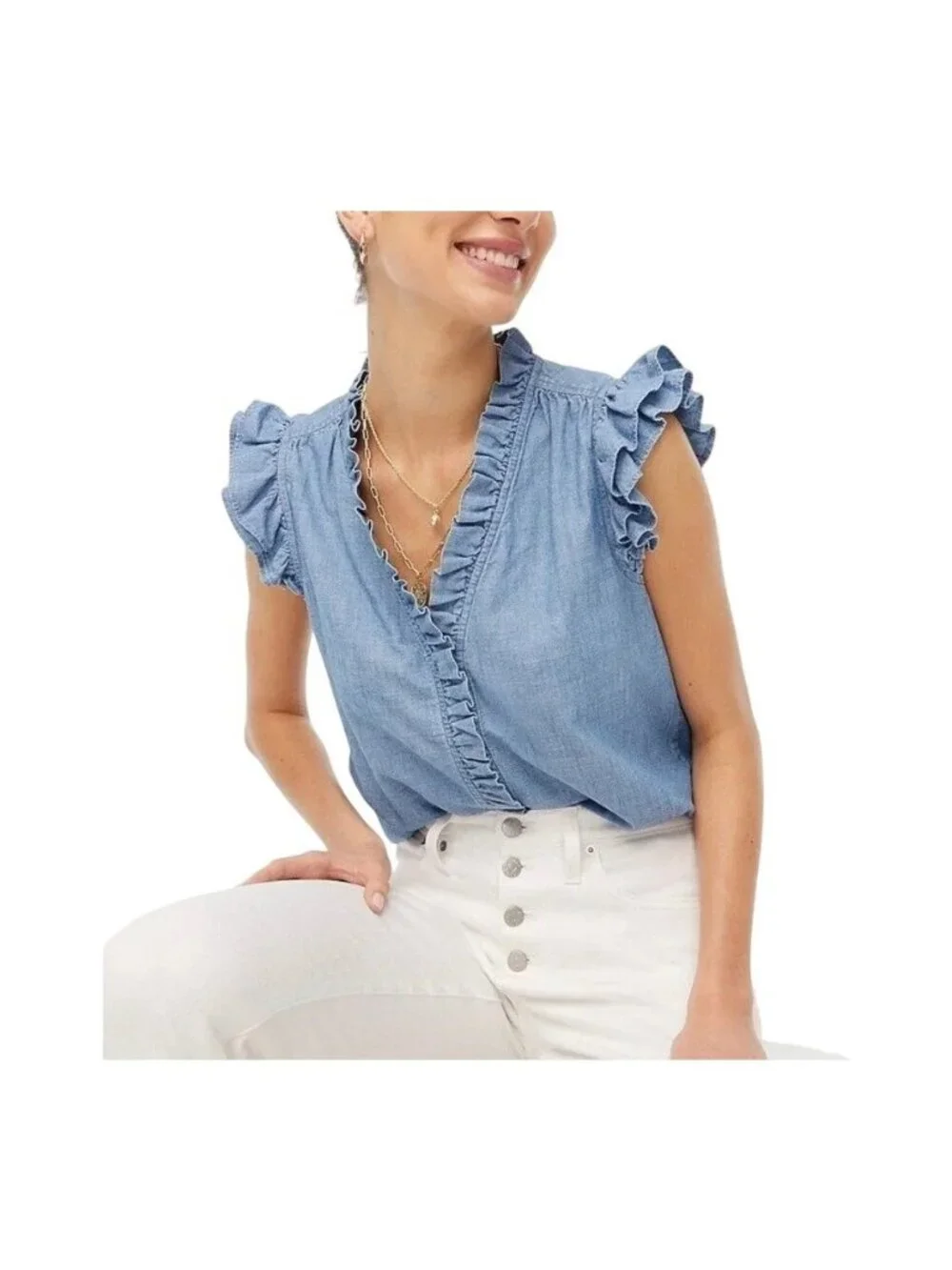 J. Crew Women's Chambray Flutter Sleeve Top Sleeveless Blue Size Large